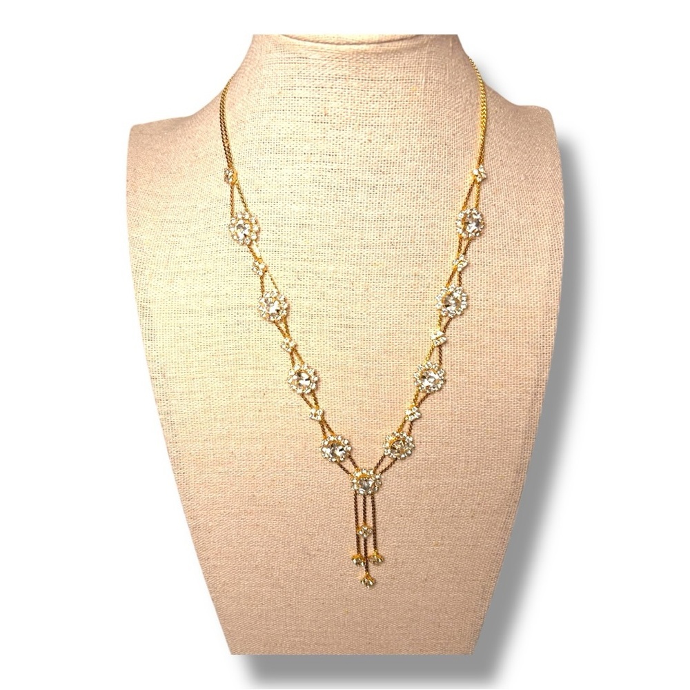 Vintage Costume Jewelry Gold Plated Necklace Floral Rhinestone Gold Plated